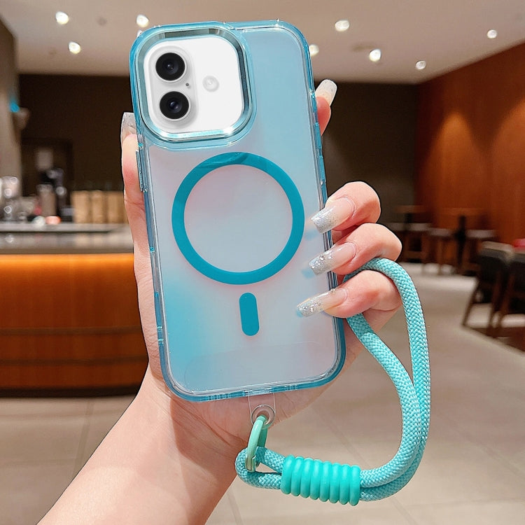 For iPhone 16 Bright Shadow  Magsafe Discoloration Phone Case with Wrist Strap(Blue) - iPhone 16 Cases by buy2fix | Online Shopping UK | buy2fix