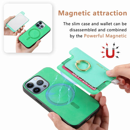 For iPhone 16 Pro Retro Magsafe Cross Leather Ring Holder Card Bag Phone Case(Green) - iPhone 16 Pro Cases by buy2fix | Online Shopping UK | buy2fix