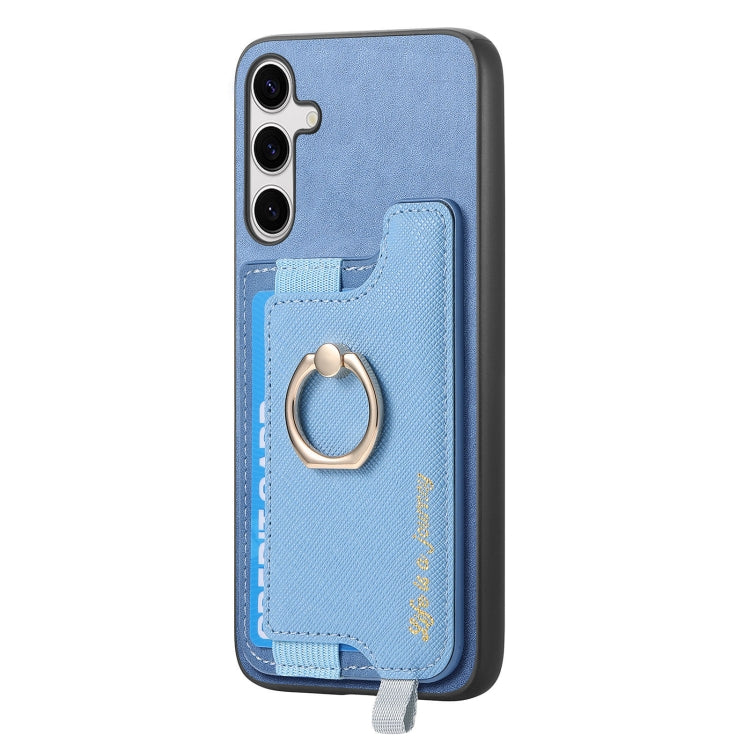 For Samsung Galaxy S25 5G Retro Cross Leather Ring Horizontal Insert Card Bag MagSafe Phone Case(Blue) - Galaxy S25 5G Cases by buy2fix | Online Shopping UK | buy2fix