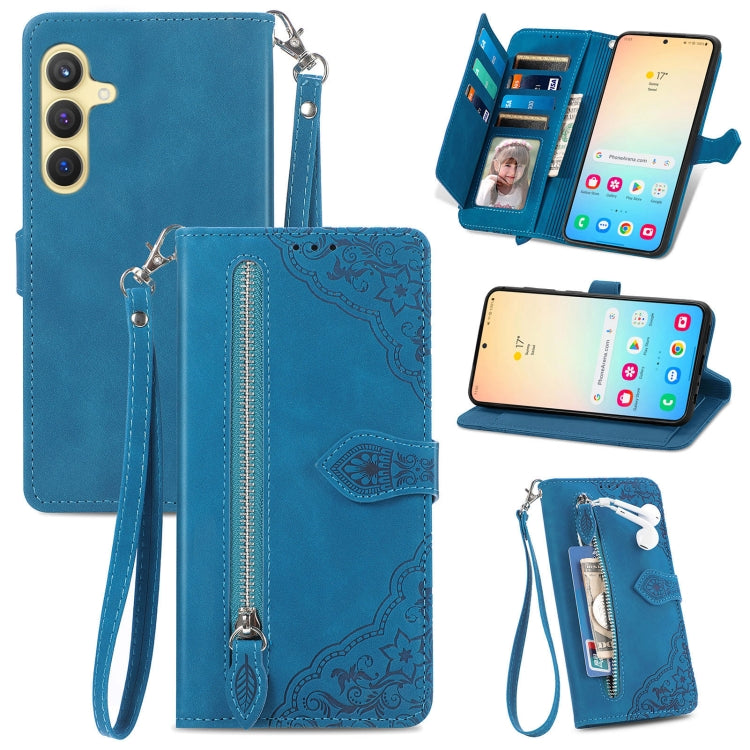 For Samsung Galaxy S25 5G Embossed Flower Zipper Leather Phone Case(Blue) - Galaxy S25 5G Cases by buy2fix | Online Shopping UK | buy2fix