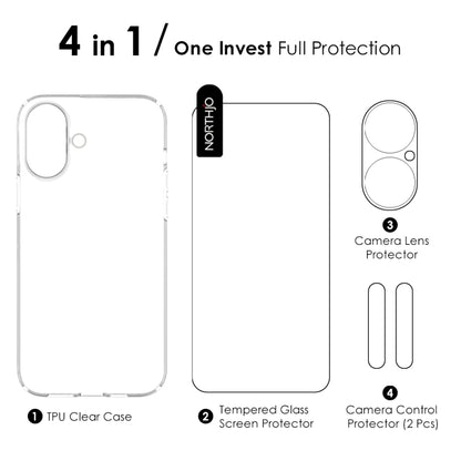 For iPhone 16 NORTHJO 4 in 1 TPU Phone Case with Screen Film and Lens Film and Camera Control Button Cover(Clear) - iPhone 16 Cases by NORTHJO | Online Shopping UK | buy2fix