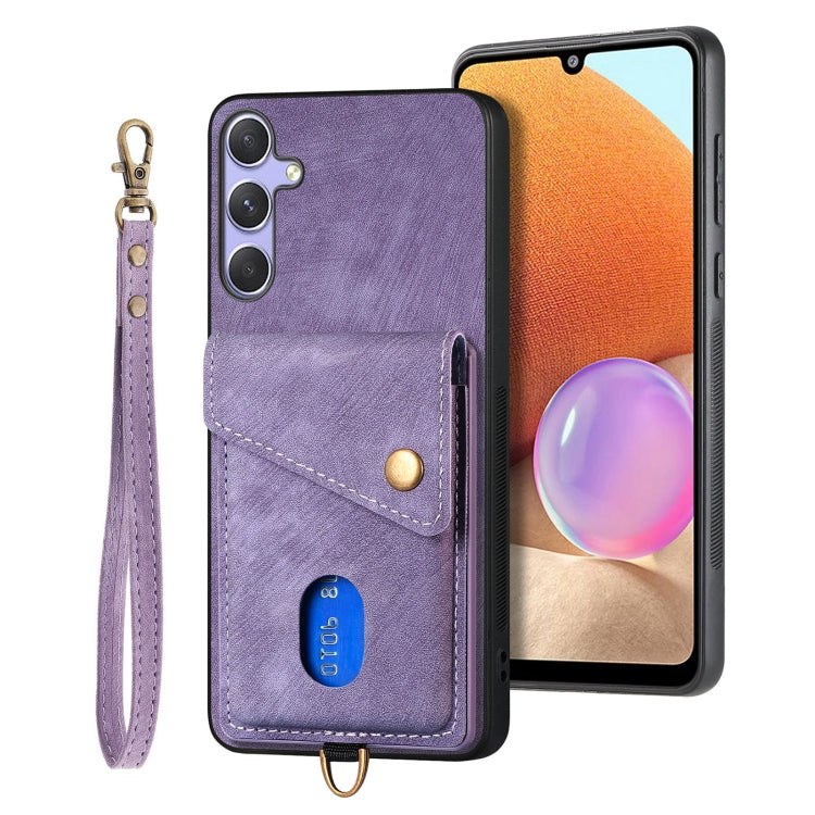 For Samsung Galaxy S25+ 5G Retro Card Wallet Fold Leather Phone Case with Strap(Purple) - Galaxy S25+ 5G Cases by buy2fix | Online Shopping UK | buy2fix