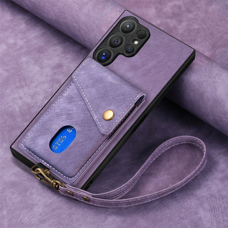 For Samsung Galaxy S25 Ultra 5G Retro Card Wallet Fold Leather Phone Case with Strap(Purple) - Galaxy S25 Ultra 5G Cases by buy2fix | Online Shopping UK | buy2fix