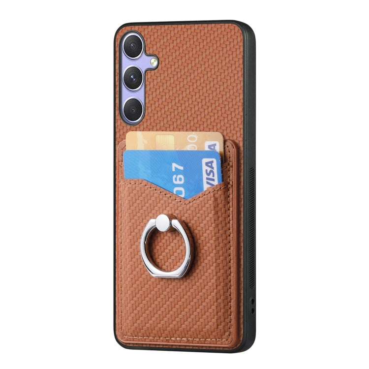 For Samsung Galaxy S25+ 5G Carbon Fiber Card Wallet Ring Phone Case(Brown) - Galaxy S25+ 5G Cases by buy2fix | Online Shopping UK | buy2fix