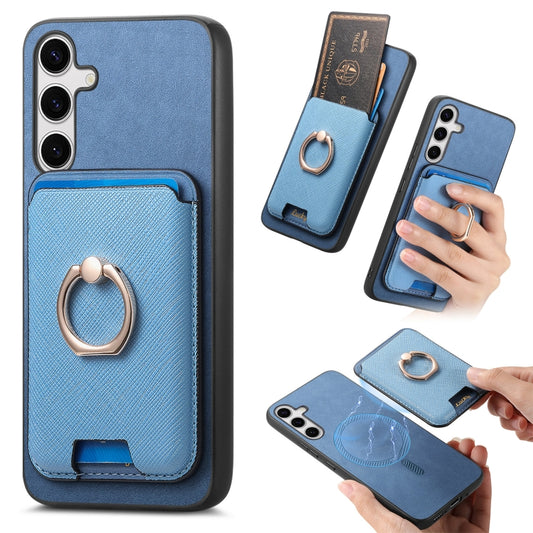 For Samsung Galaxy S25 5G Retro Cross Leather Ring Vertical Insert Card Bag MagSafe Phone Case(Blue) - Galaxy S25 5G Cases by buy2fix | Online Shopping UK | buy2fix