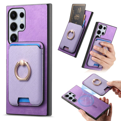 For Samsung Galaxy S25 Ultra 5G Retro Cross Leather Ring Vertical Insert Card Bag MagSafe Phone Case(Purple) - Galaxy S25 Ultra 5G Cases by buy2fix | Online Shopping UK | buy2fix