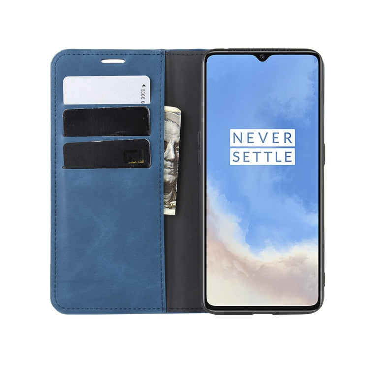 For OnePlus 7T Retro-skin Business Magnetic Suction Leather Case with Purse-Bracket-Chuck(Dark Blue) - OnePlus Cases by buy2fix | Online Shopping UK | buy2fix