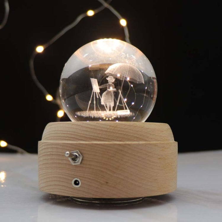 Girl Bedside Lamp Crystal Ball Wooden Base Music Box Charging Glow Rotating Night Light, Random Music(Drawing Girl) - Novelty Lighting by buy2fix | Online Shopping UK | buy2fix