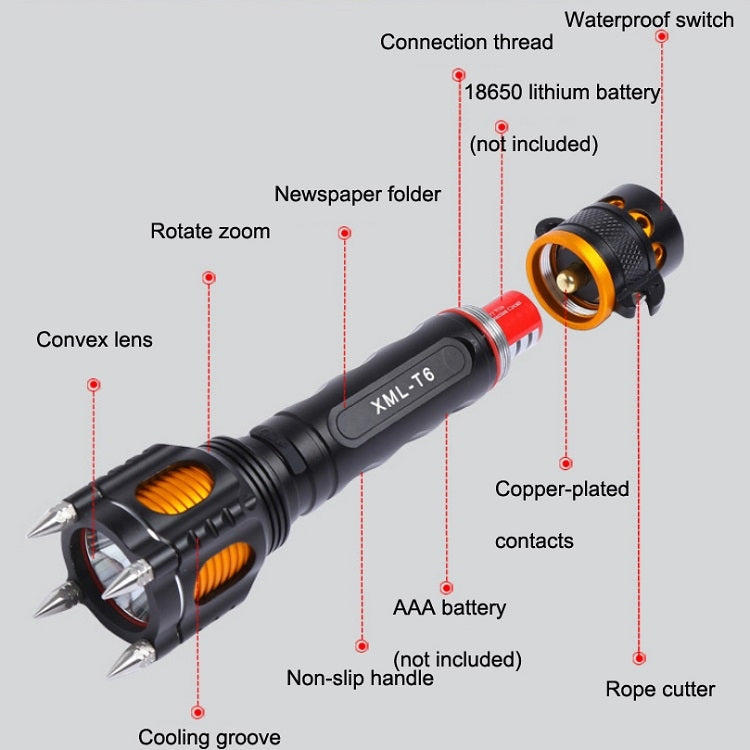 Outdoor LED T6 Strong Light Rechargeable Flashlight Car Safety Hammer Multi-Function Aelf-Defense Flashlight(Single Flashlight) - LED Flashlight by buy2fix | Online Shopping UK | buy2fix