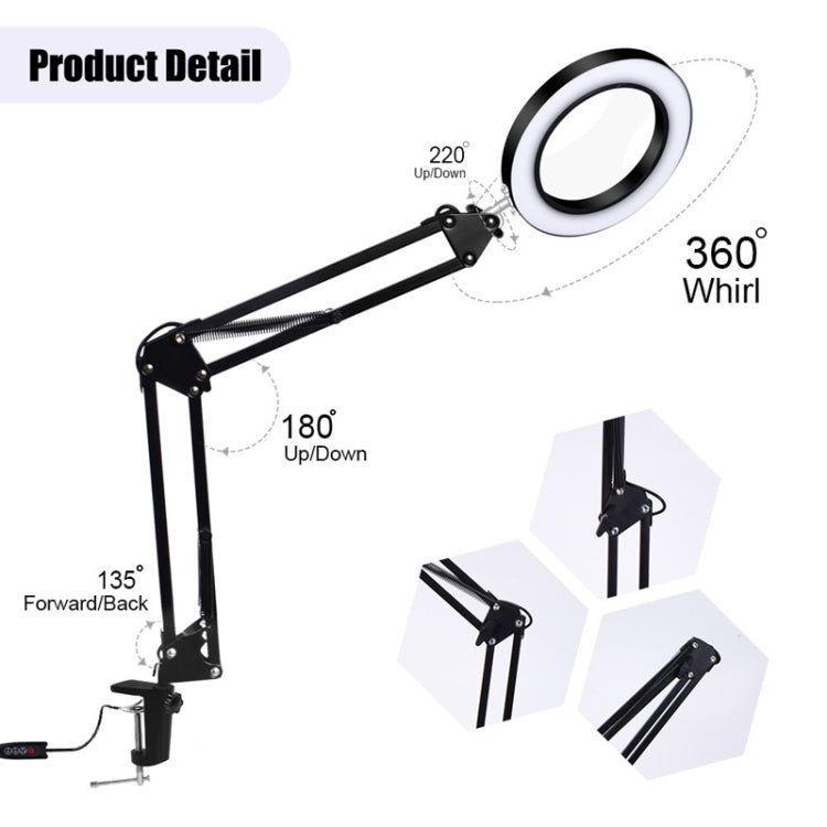 5X Magnifying Glass LED Folding Long Arm Clip Light Eye-protection USB Reading Lamp, Size: Small(Black) - Desk Lamps by buy2fix | Online Shopping UK | buy2fix