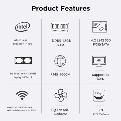 N100/DDR5 12th AlderLake-N100 Dual 4K60Hz Office And Home Mini PC, Spec: 12G+0 /US Plug - Windows Mini PCs by buy2fix | Online Shopping UK | buy2fix