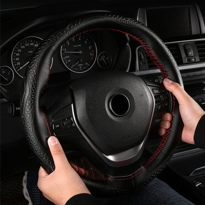 38cm Four-Season Embossed Hand-Sewn Cowhide Steering Wheel Cover(Black+Black Line) - Steering Wheel Accessories by buy2fix | Online Shopping UK | buy2fix