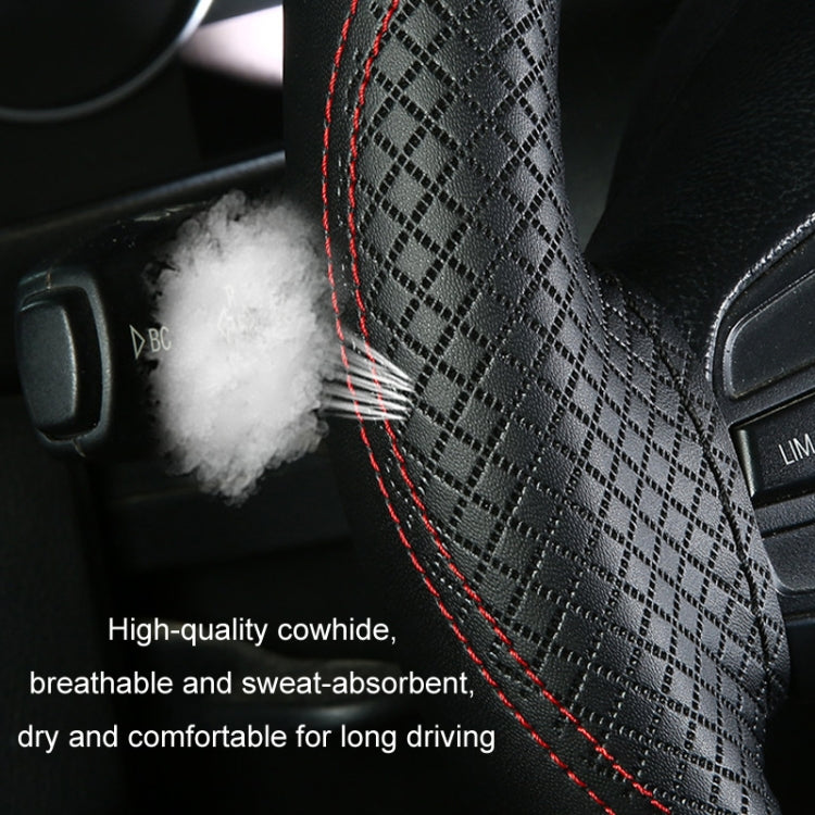 38cm Cowhide Embossed Hand-Stitched Double-Line Steering Wheel Cover(Black White Line) - Steering Wheel Accessories by buy2fix | Online Shopping UK | buy2fix