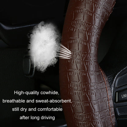 38cm Four-season Embossed Cowhide Hand-sewn Steering Wheel Cover(Coffee) - Steering Wheel Accessories by buy2fix | Online Shopping UK | buy2fix