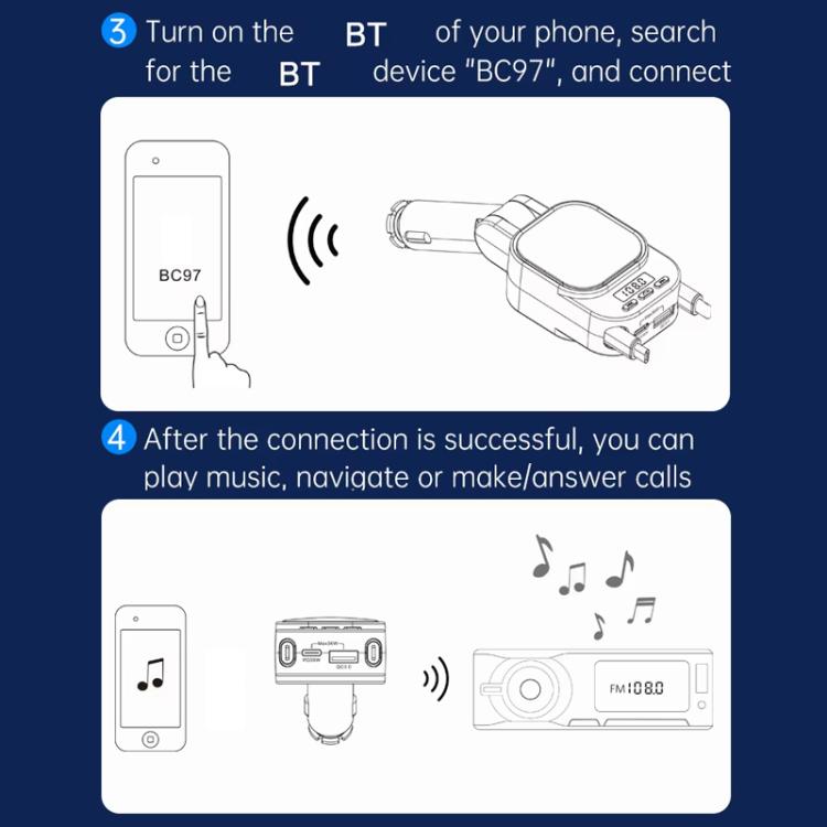 BC97 Dual Retractable Cable Car Charger Automobile Bluetooth MP3 Player - Car Charger by buy2fix | Online Shopping UK | buy2fix