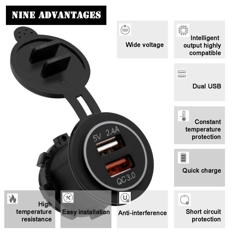 Universal Car QC3.0 Dual Port USB Charger Power Outlet Adapter 5V 2.4A IP66 with 60cm Cable(Blue Light) - In Car by buy2fix | Online Shopping UK | buy2fix