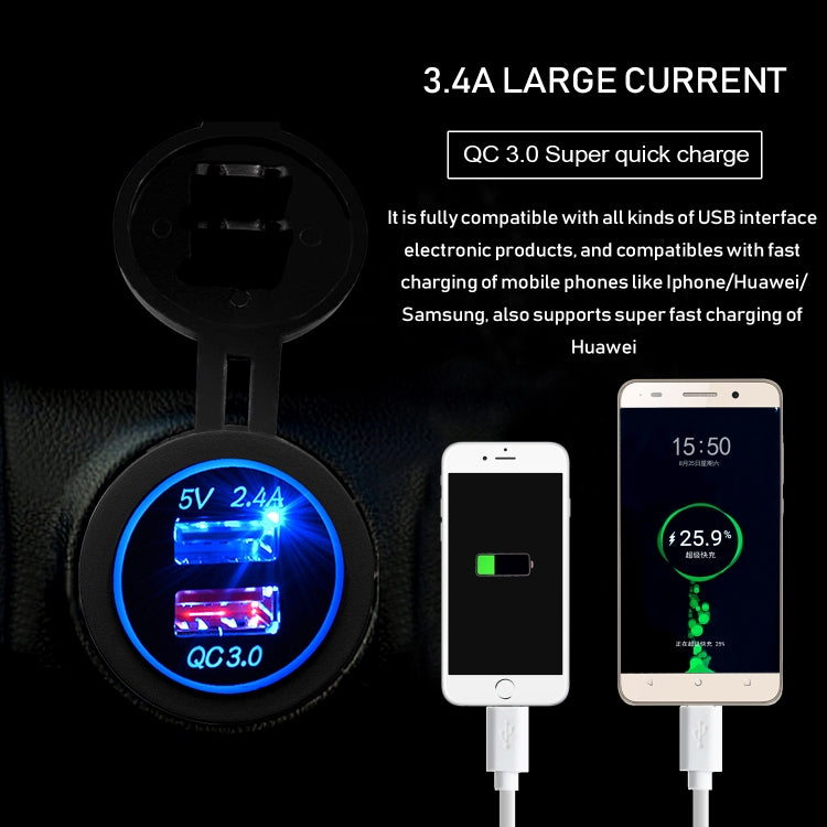 Universal Car QC3.0 Dual Port USB Charger Power Outlet Adapter 5V 2.4A IP66 with 60cm Cable(Green Light) - In Car by buy2fix | Online Shopping UK | buy2fix