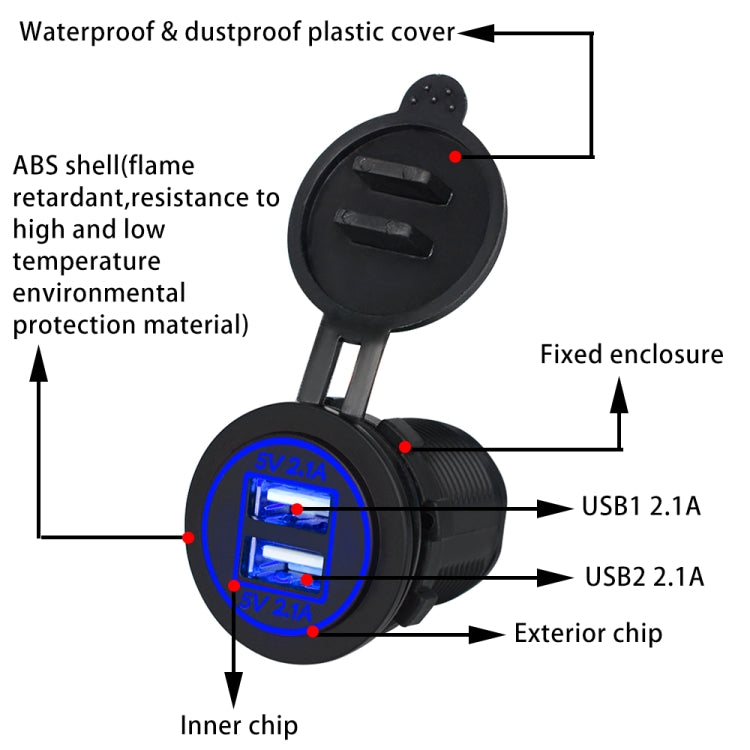 Universal Car Dual USB Charger Power Outlet Adapter 4.2A 5V IP66 with Aperture + 60cm Cable(Blue Light) - Car Charger by buy2fix | Online Shopping UK | buy2fix