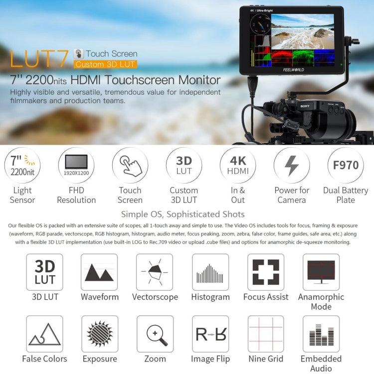 FEELWORLD LUT7 1920x1200 2200 nits 7 inch IPS Screen HDMI 4K Touch Screen Camera Field Monitor - Camera Accessories by FEELWORLD | Online Shopping UK | buy2fix