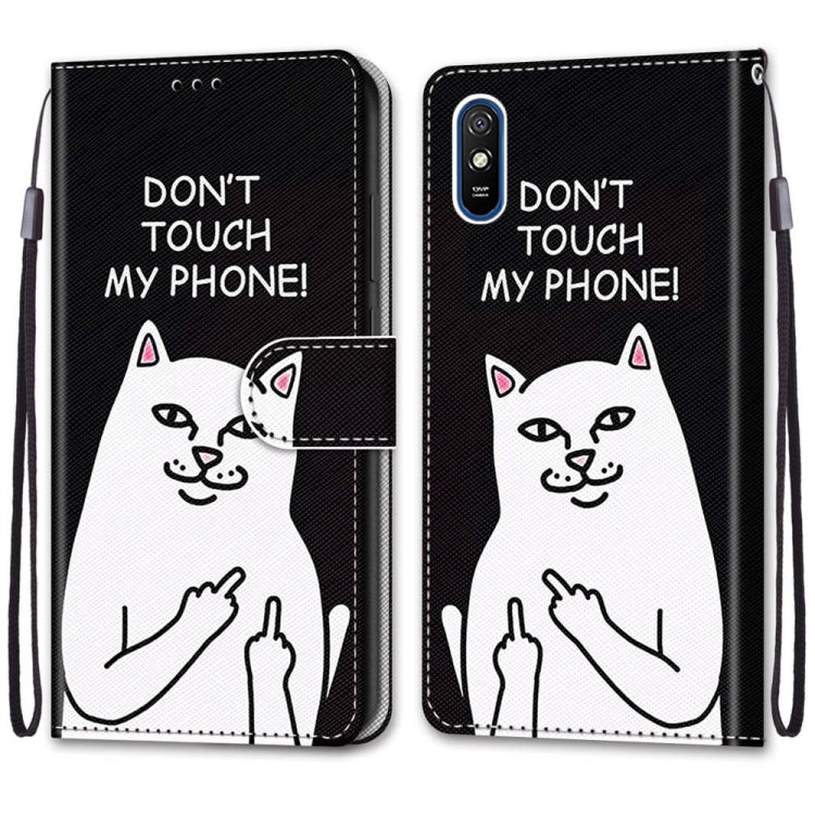 For Xiaomi Redmi 9A Coloured Drawing Cross Texture Horizontal Flip PU Leather Case with Holder & Card Slots & Wallet & Lanyard(Middle Finger White Cat) - Xiaomi Cases by buy2fix | Online Shopping UK | buy2fix