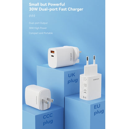 ROCK T51 30W Type-C / USB-C + USB PD Dual Ports Fast Charging Travel Charger Power Adapter, EU Plug(White) - USB Charger by ROCK | Online Shopping UK | buy2fix