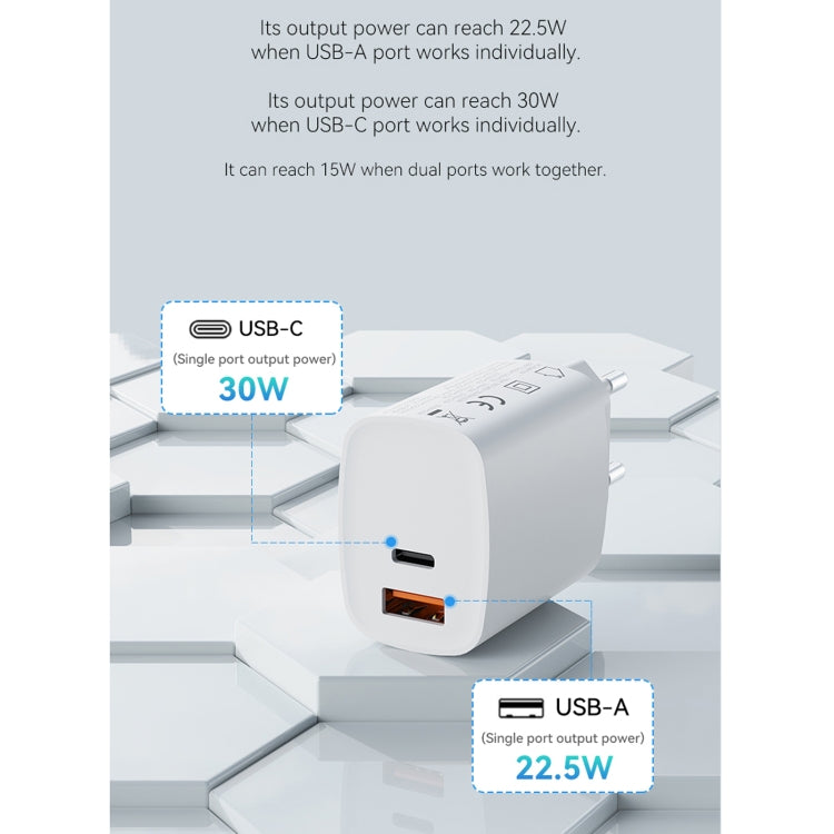 ROCK T51 30W Type-C / USB-C + USB PD Dual Ports Fast Charging Travel Charger Power Adapter, EU Plug(White) - USB Charger by ROCK | Online Shopping UK | buy2fix