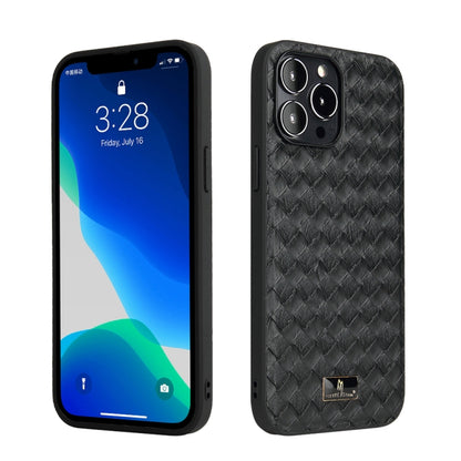 For iPhone 13 Pro Fierre Shann Leather Texture Phone Back Cover Case (Woven Black) - iPhone 13 Pro Cases by FIERRE SHANN | Online Shopping UK | buy2fix