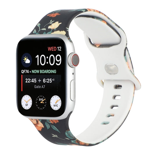 8-buckle Printed Strap Watch Band For Apple Watch Series 8&7 41mm / SE 2&6&SE&5&4 40mm / 3&2&1 38mm(Black Background Rose) - Smart Wear by buy2fix | Online Shopping UK | buy2fix