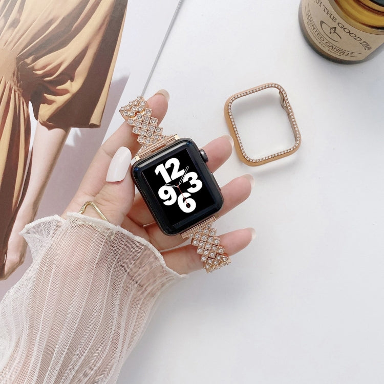 Rhombus Full Diamond Metal Wrist Strap Watch Band + Case For Apple Watch Series 3 & 2 & 1 38mm(Rose Gold) - Smart Wear by buy2fix | Online Shopping UK | buy2fix