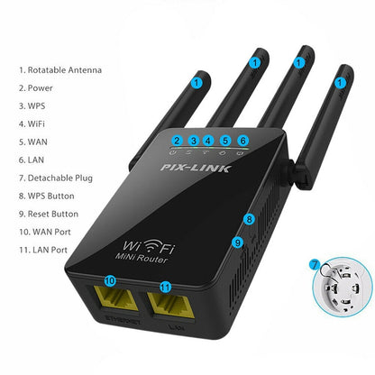 Wireless Smart WiFi Router Repeater with 4 WiFi Antennas, Plug Specification:US Plug(Black) -  by buy2fix | Online Shopping UK | buy2fix