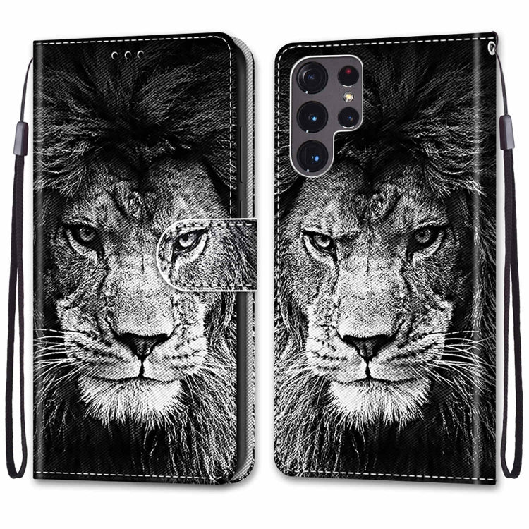 For Samsung Galaxy S22 Ultra 5G Coloured Drawing Cross Texture Horizontal Flip PU Phone Leather Case with Holder & Card Slots & Wallet & Lanyard(Colorful Layer(Black and White Lion Head) - Samsung Accessories by buy2fix | Online Shopping UK | buy2fix