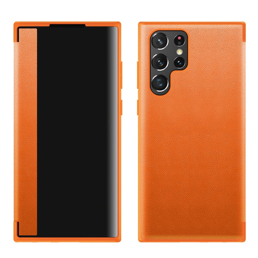 For Samsung Galaxy S22 Ultra 5G Window View Leather Phone Case(Orange) - Galaxy S22 Ultra 5G Cases by buy2fix | Online Shopping UK | buy2fix