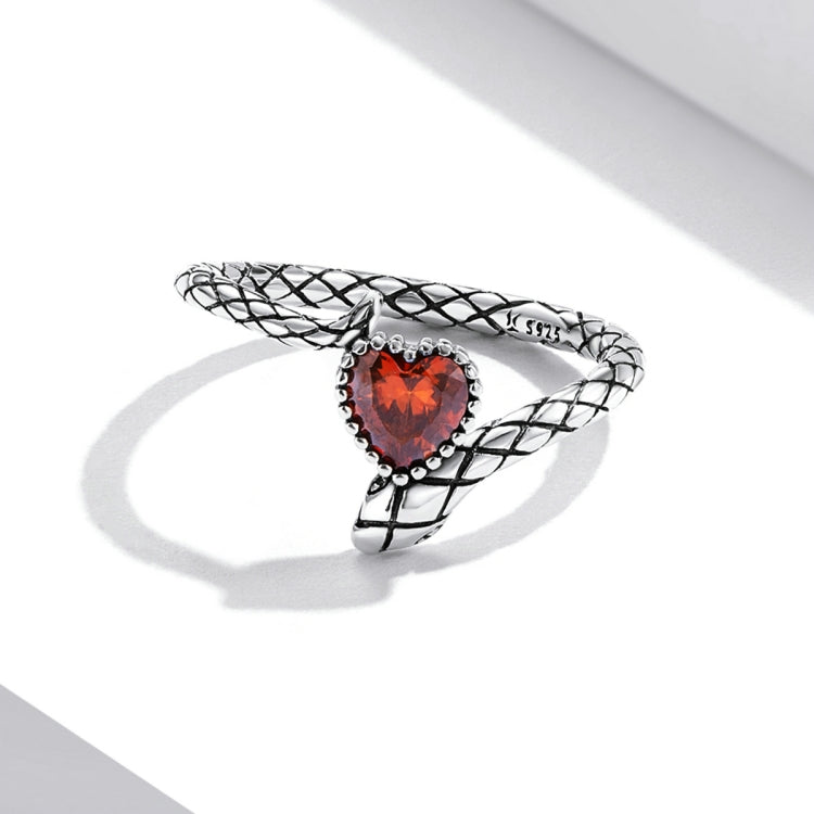 S925 Sterling Silver Retro Snake Heart Zircon Women Open Ring, Size:7 - Rings by buy2fix | Online Shopping UK | buy2fix