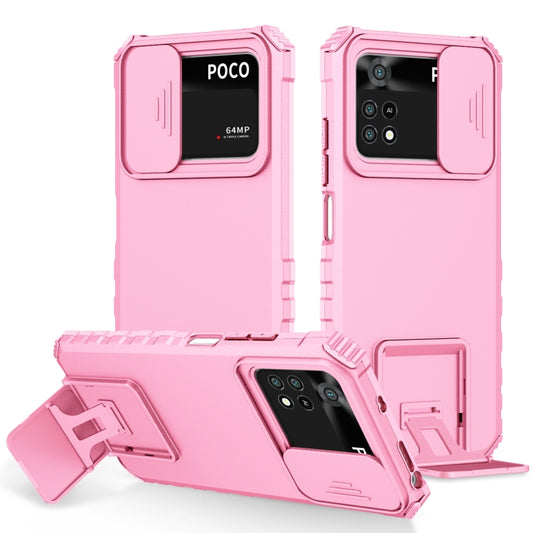 For Xiaomi Poco M4 Pro 4G Stereoscopic Holder Sliding Camshield Phone Case(Pink) - Xiaomi Cases by buy2fix | Online Shopping UK | buy2fix