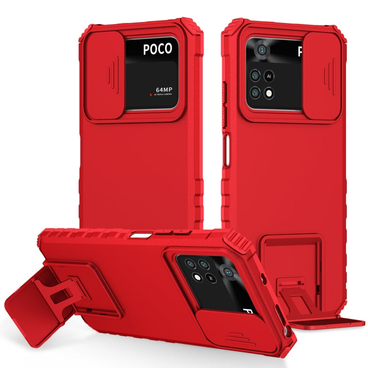 For Xiaomi Poco M4 Pro 4G Stereoscopic Holder Sliding Camshield Phone Case(Red) - Xiaomi Cases by buy2fix | Online Shopping UK | buy2fix