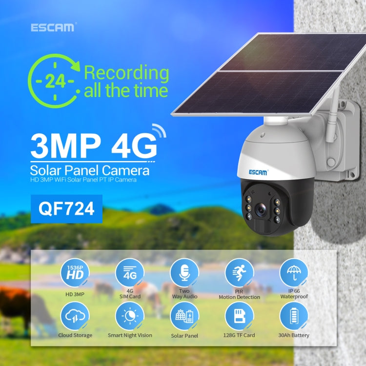 ESCAM QF724 3MP 24h Recording Cloud Storage PT 4G PIR Alarm IP Camera with Solar Panel, European Signal Bands - Security by ESCAM | Online Shopping UK | buy2fix