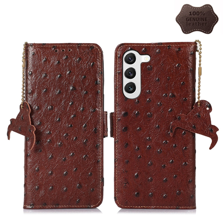 For Samsung Galaxy S22 5G Ostrich Pattern Genuine Leather RFID Phone Case(Coffee) - Galaxy S22 5G Cases by buy2fix | Online Shopping UK | buy2fix