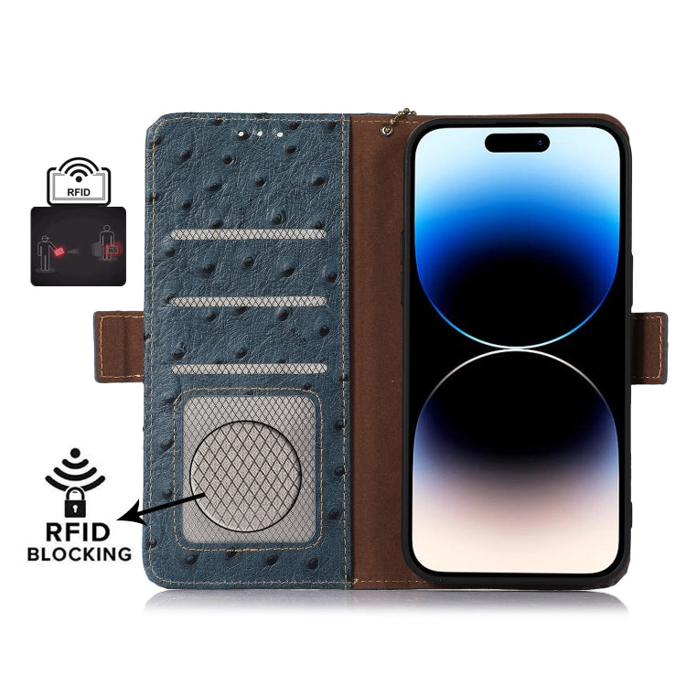 For Google Pixel 7 Ostrich Pattern Genuine Leather RFID Phone Case(Blue) - Google Cases by buy2fix | Online Shopping UK | buy2fix
