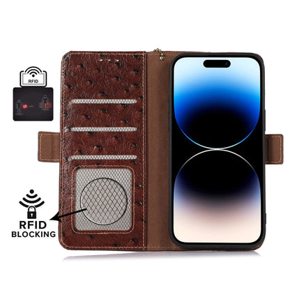 For Motorola Moto G72 4G Ostrich Pattern Genuine Leather RFID Phone Case(Coffee) - Motorola Cases by buy2fix | Online Shopping UK | buy2fix