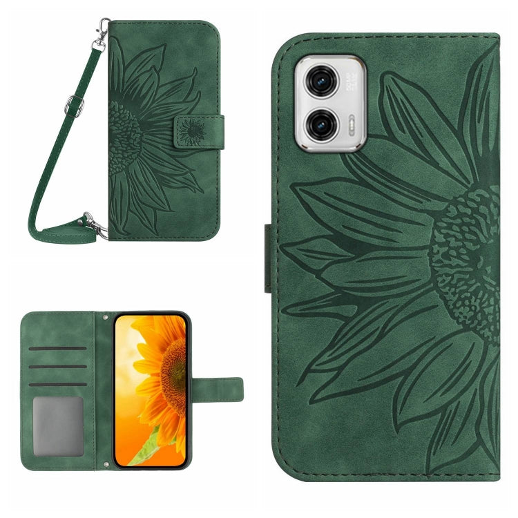 For Motorola Moto G73 5G HT04 Skin Feel Sun Flower Embossed Flip Leather Phone Case with Lanyard(Green) - Motorola Cases by buy2fix | Online Shopping UK | buy2fix