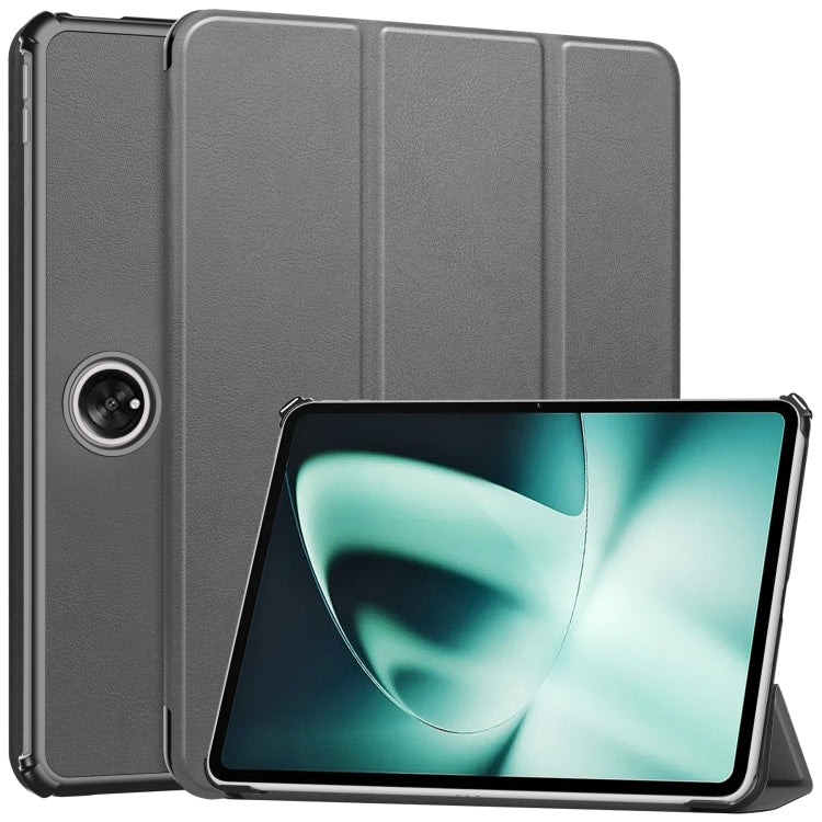 For OnePlus Pad Custer Pure Color 3-Fold Holder Smart Leather Tablet Case(Grey) - Others by buy2fix | Online Shopping UK | buy2fix