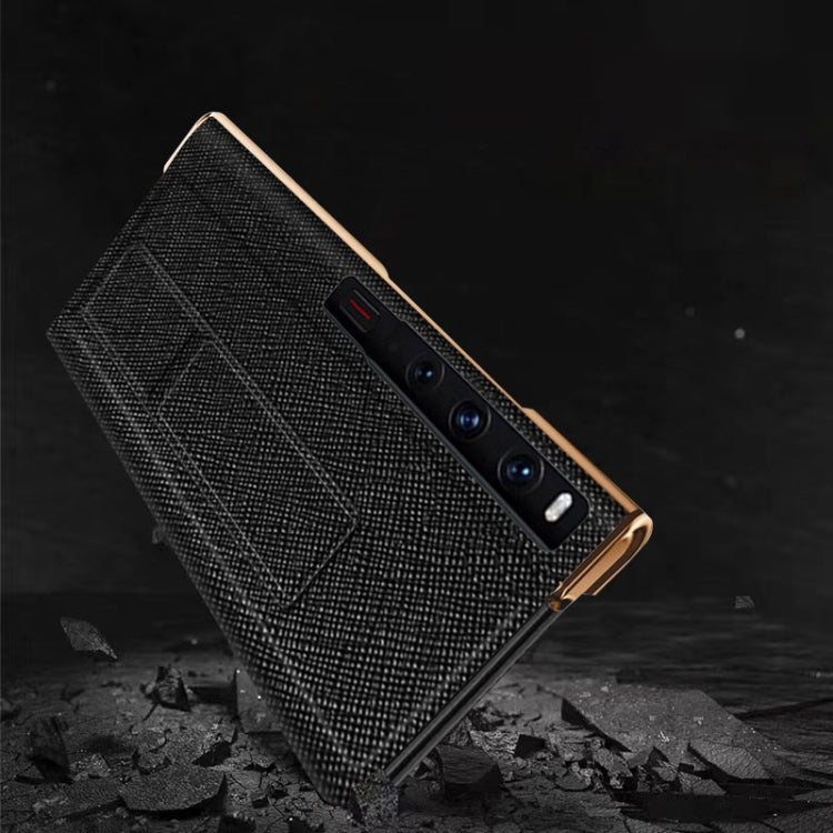 For Huawei Mate Xs 2 Electroplated Cross Pattern Leather All-inclusive Phone Case with Stand(Sapphire Blue Black) - Huawei Cases by buy2fix | Online Shopping UK | buy2fix