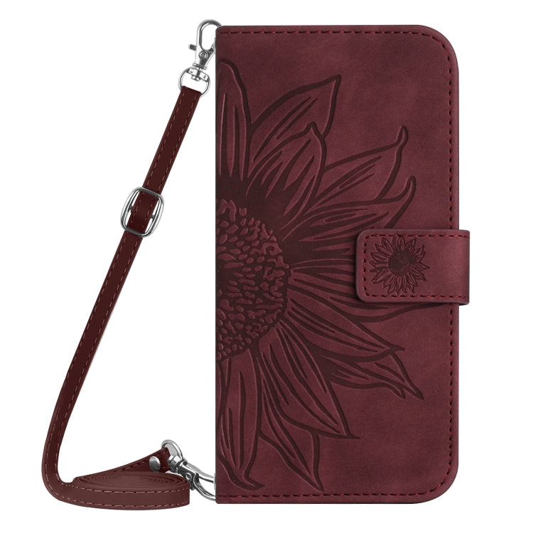 For Sony Xperia 1 V HT04 Skin Feel Sun Flower Embossed Flip Leather Phone Case with Lanyard(Wine Red) - Sony Cases by buy2fix | Online Shopping UK | buy2fix