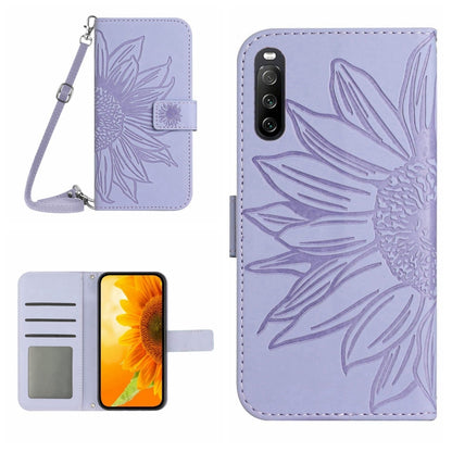 For Sony Xperia 10 V HT04 Skin Feel Sun Flower Embossed Flip Leather Phone Case with Lanyard(Purple) - Sony Cases by buy2fix | Online Shopping UK | buy2fix