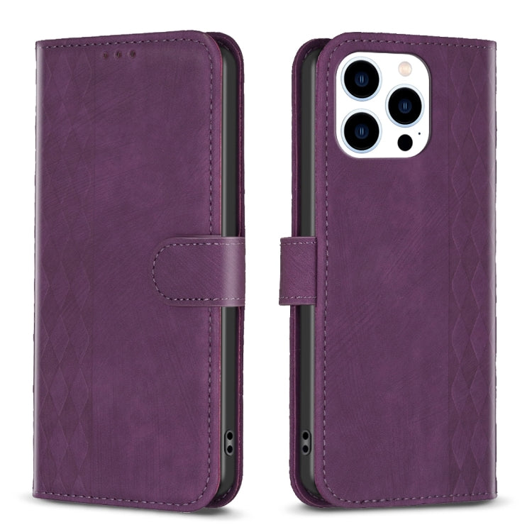 For iPhone 14 Pro Plaid Embossed Leather Phone Case(Purple) - iPhone 14 Pro Cases by buy2fix | Online Shopping UK | buy2fix