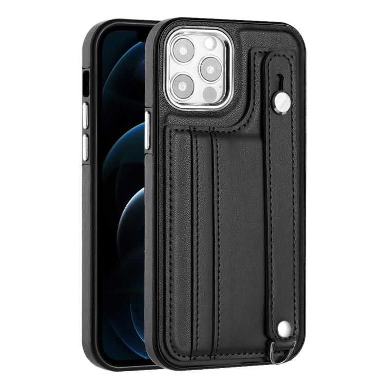 For iPhone 12 / 12 Pro Shockproof Leather Phone Case with Wrist Strap(Black) - iPhone 12 / 12 Pro Cases by buy2fix | Online Shopping UK | buy2fix