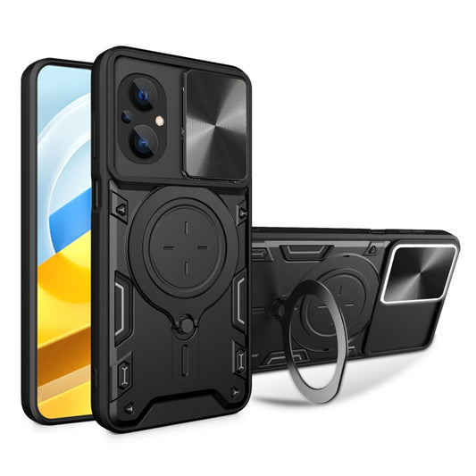 For Xiaomi Poco M5 5G CD Texture Sliding Camshield Magnetic Holder Phone Case(Black) - Poco M5 Cases by buy2fix | Online Shopping UK | buy2fix