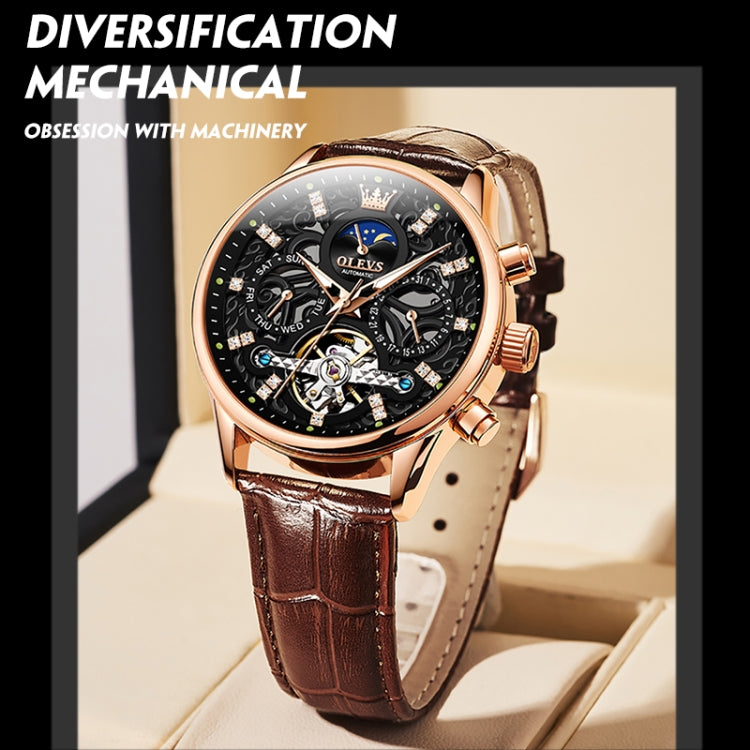 OLEVS 6658 Men Luminous Waterproof Leather Strap Mechanical Watch(Black + Rose Gold) - Leather Strap Watches by OLEVS | Online Shopping UK | buy2fix