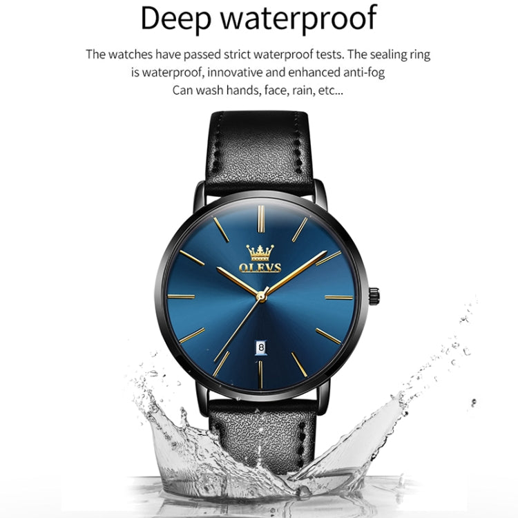 OLEVS 5869 Men Business Waterproof Genuine Leather Strap Quartz Watch(Black + Blue) - Leather Strap Watches by OLEVS | Online Shopping UK | buy2fix