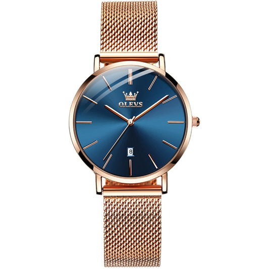OLEVS 5869 Ladies Business Waterproof Steel Strap Quartz Watch(Blue + Rose Gold) - Metal Strap Watches by OLEVS | Online Shopping UK | buy2fix